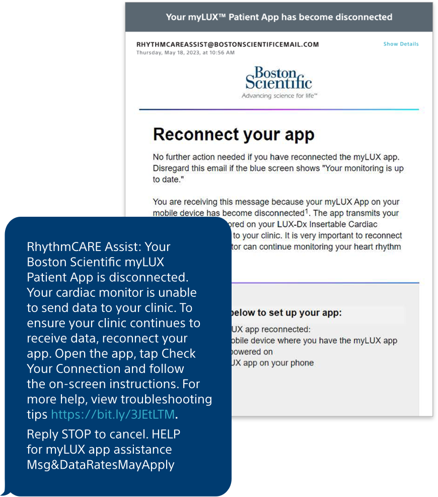 sample email and text message from RhythmCARE Assist if your app has become disconnected