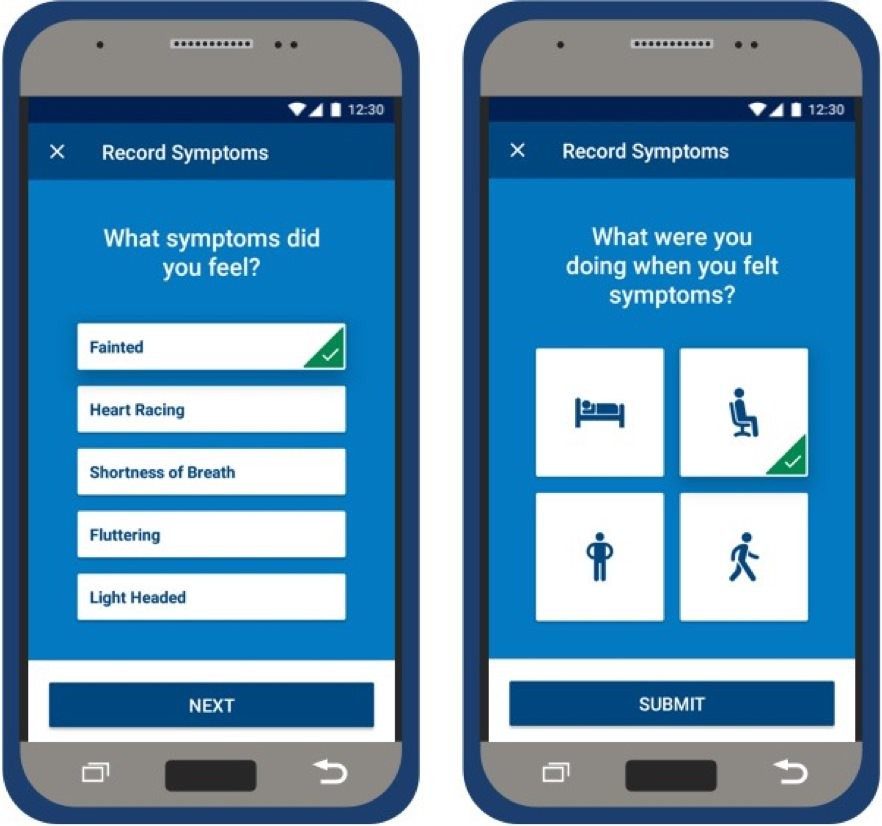Mobile device with Record Symptoms screen 