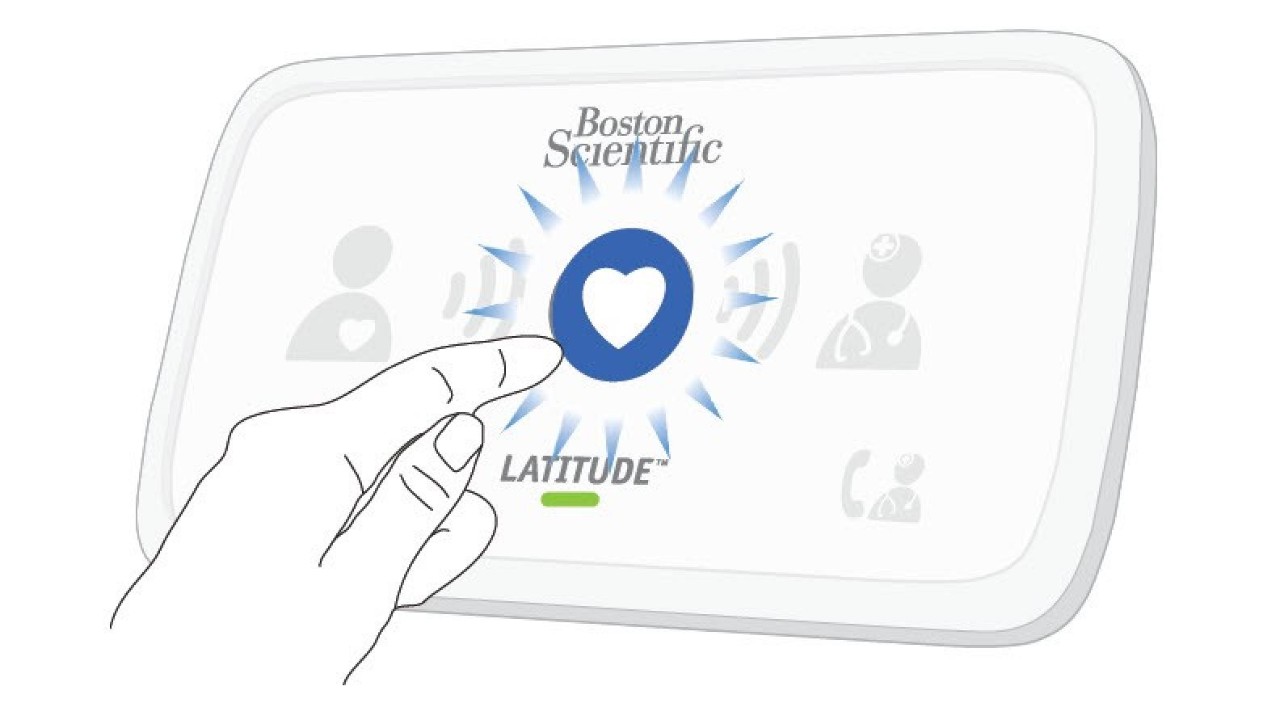 Boston Scientific’s LATITUDE Communicator showing finger pressing heart button