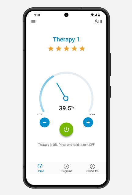 myscs go therapy controller returns homescreen and therapy settings to previous state.