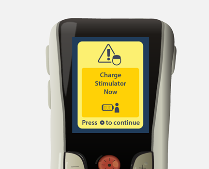 yellow warning screen displaying "charge stimulator now" message.