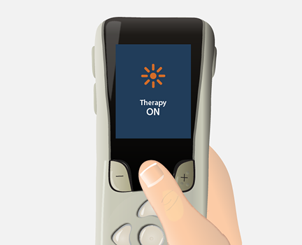 remote displaying "therapy on" message.