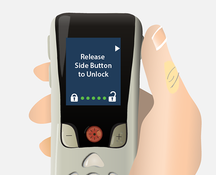 remote screen showing message to release side button to unlock.