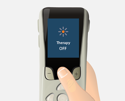 remote displaying "therapy off" message.