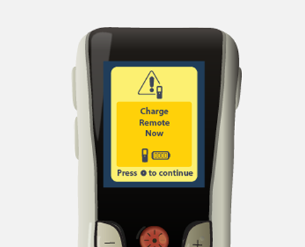 remote screen showing message to charge stimulator.