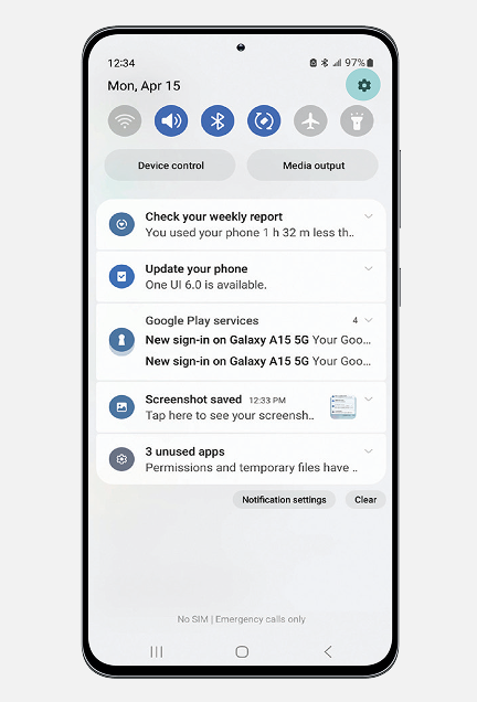 To find wifi, swipe down from the top of the screen and tap the settings icon.