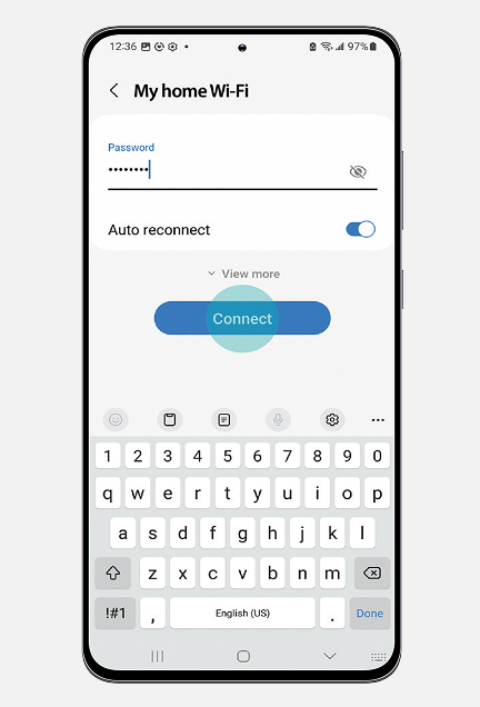 Screen where you enter your personal wifi password, then tap to connect.