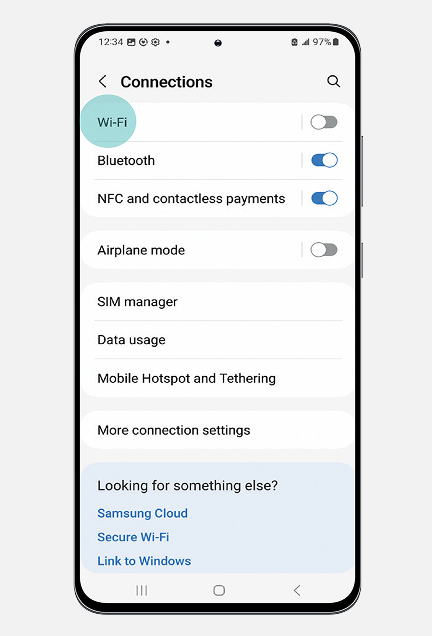 Connections screen showing where to toggle wifi on.