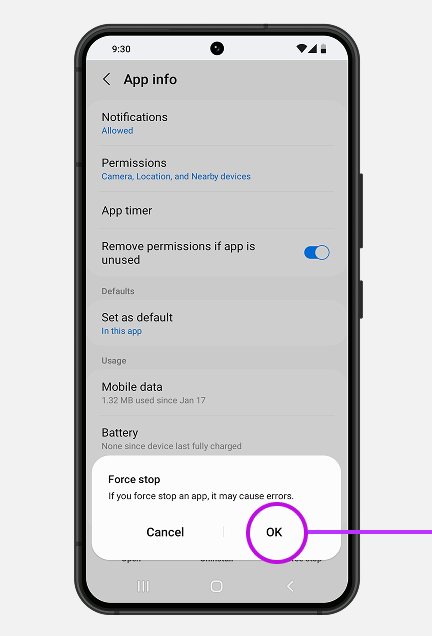 confirm force stop by tapping ok.