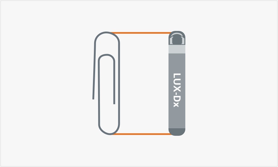 Illustration showing that the LUX-Dx ICM device is about the length of a paper clip