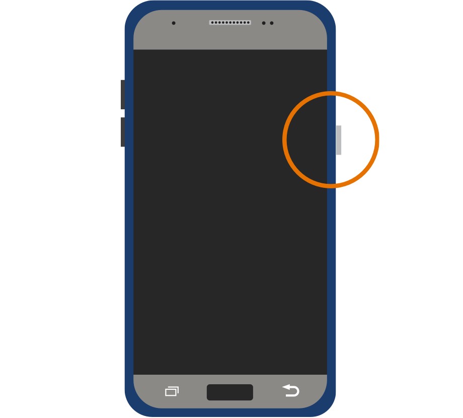 Front of a mobile device with the power button in an orange circle.