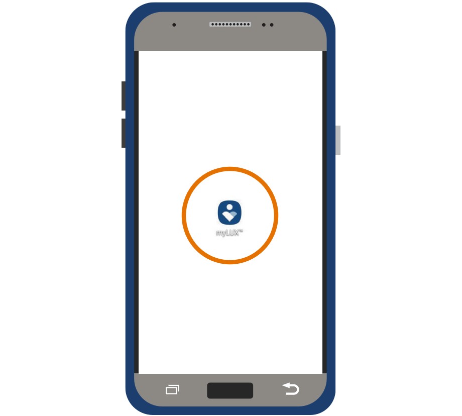 Mobile device with the myLUX app icon inside an orange circle.