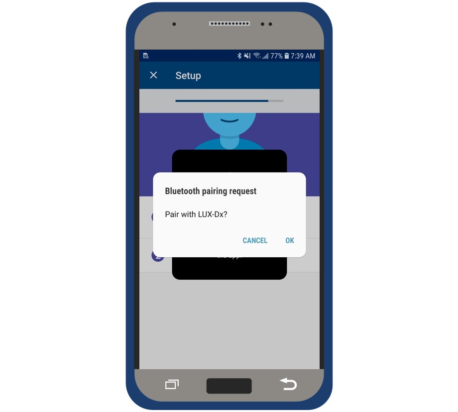 myLUX Patient app setup screen showing pairing request message.