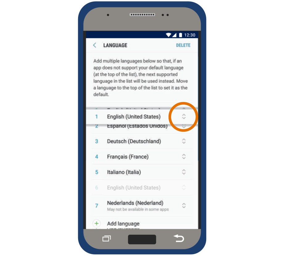 myLUX Patient app language settings screen.
