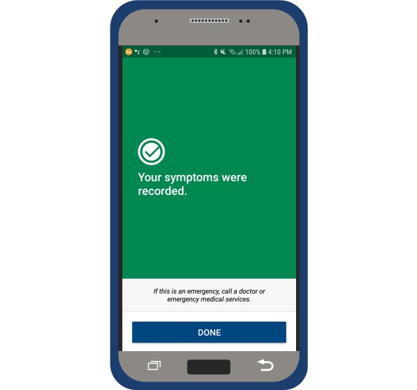 myLUX Patient app screen showing your symptom was recorded.