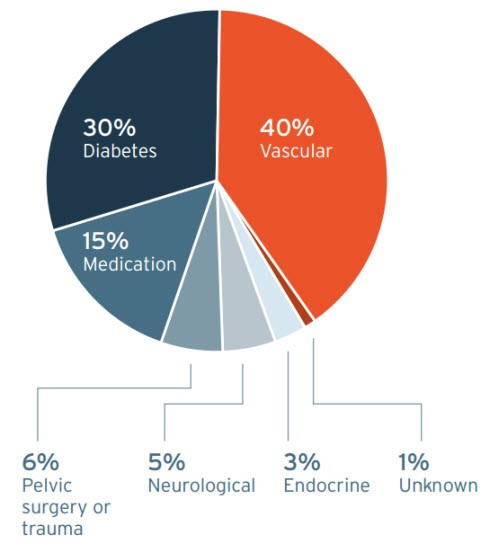 Pie chart showing causes of erectile dysfunction. 30% diabetes, 15% medication, 40% vascular, 6% pelvic surgery or trauma, 5% neurological, 3% endocrine, 1% unknown