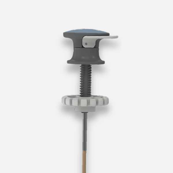 Gray surgical instrument with adjustable screw handle and long shaft.