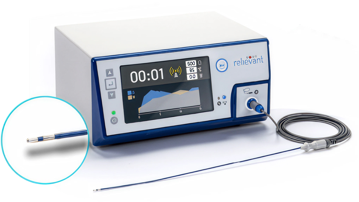 Intracept RF generator with attached probe and digital screen displaying data.