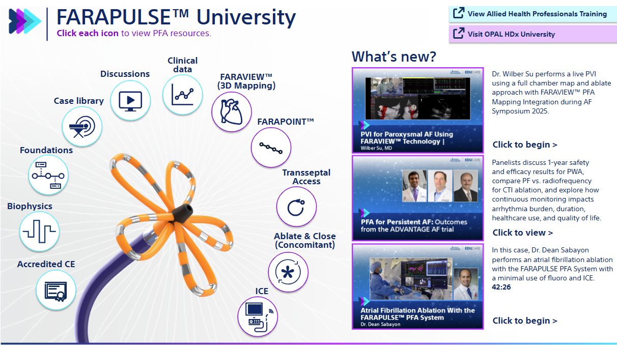 FARAPULSE University logo highlighting Boston Scientific’s educational platform for PFA therapy training and resources.
