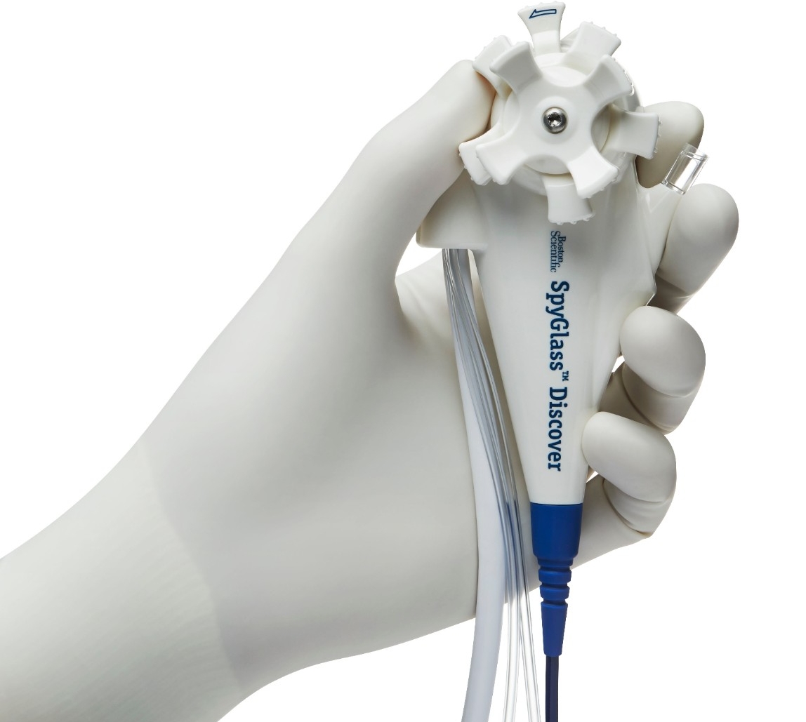 white gloved hand holding Spyglass Digital Catheter