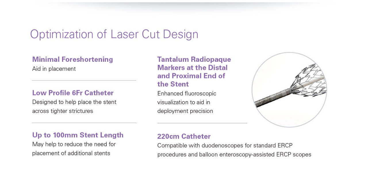 uImage showing Epic™ Biliary Endoscopic Stent System features; Minimal foreshortening, low profile 6Fr Catheter, up to 100mm stent length, tantalum radiopaque markers at distal and proximal end of stent, 220cm catheter