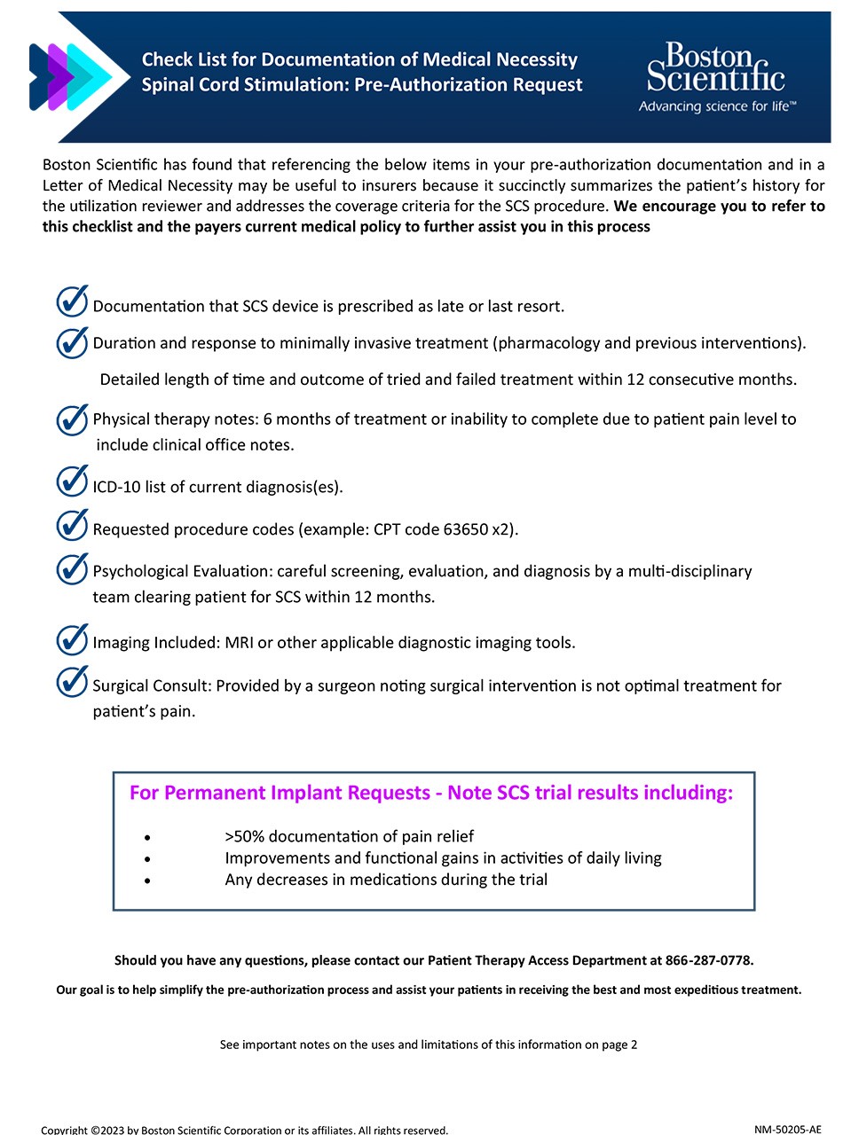SCS Checklist of Medical Necessity