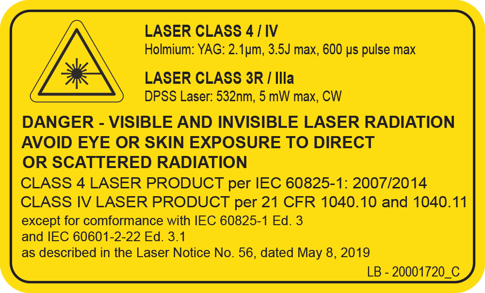 Etiqueta de advertencia sobre el láser de holmio 100H y 50H