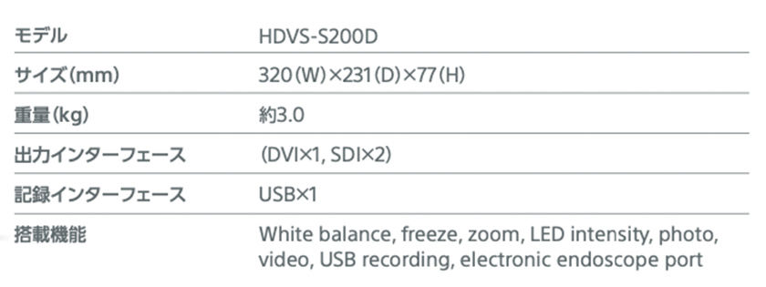 モデル HDVS-S200D、サイズ(mm) 320(W)×231(D)×77(H)、重量(kg) 約3.0、出力インターフェース (DVI×1, SDI×2)、記録インターフェース USB×1、搭載機能 White balance, freeze, zoom, LED intensity, photo, video, USB recording, electronic endoscope port