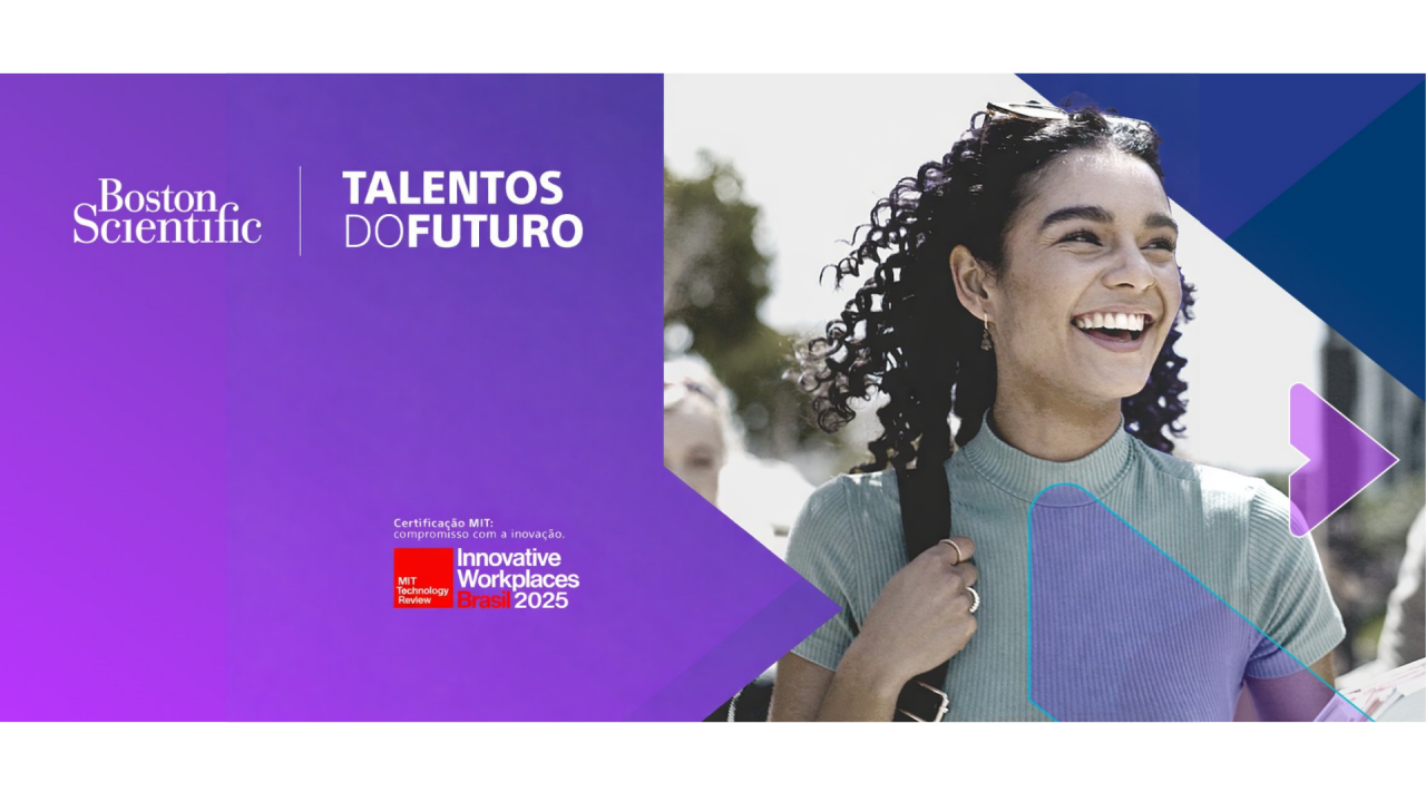 Selo Great Place To Work Fevereiro de 2025 a Fevereiro de 2026 em um fundo com uma foto da recepção do escritório da Boston Scientific Brasil